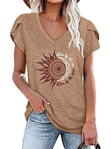 Abtel Frauen Kurzarm T-Shirt Sunflower Print Muster Blütenblatt Ärmel T-Shirt Grundlegend Lose T-Shirt Lässig Pullover Tägliche Kleidung Tunika T-Shirt 4# Khaki 3XL von Abtel