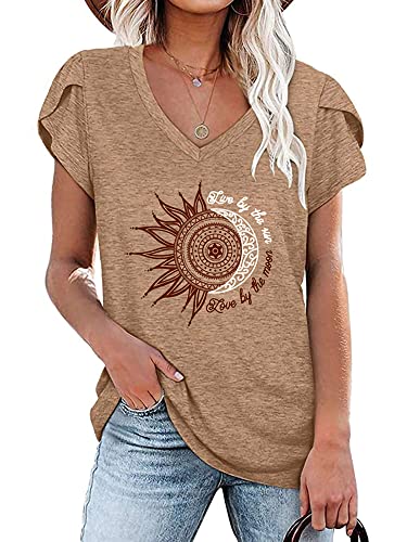 Abtel Frauen Kurzarm T-Shirt Sunflower Print Muster Blütenblatt Ärmel T-Shirt Grundlegend Lose T-Shirt Lässig Pullover Tägliche Kleidung Tunika T-Shirt 4# Khaki S von Abtel
