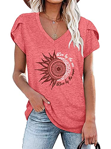 Abtel Frauen Kurzarm T-Shirt Sunflower Print Muster Blütenblatt Ärmel T-Shirt Grundlegend Lose T-Shirt Lässig Pullover Tägliche Kleidung Tunika T-Shirt 4# Rosa 3XL von Abtel