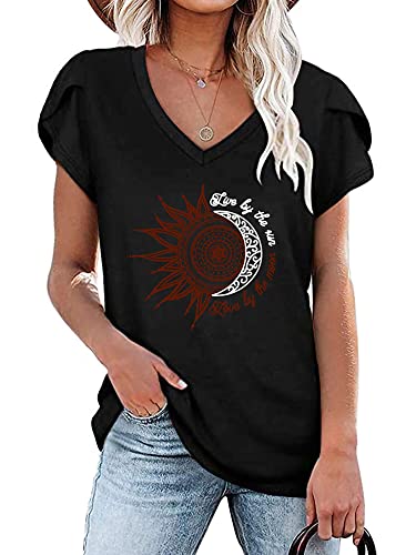 Abtel Frauen Kurzarm T-Shirt Sunflower Print Muster Blütenblatt Ärmel T-Shirt Grundlegend Lose T-Shirt Lässig Pullover Tägliche Kleidung Tunika T-Shirt 4# Schwarz 3XL von Abtel