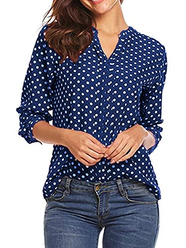 Abtel Frauen Polka Dot Print Shirt Bluse Lässig Elegant Langarm V-Ausschnitt Tops Lose Pullover Shirts Dunkelblau L von Abtel