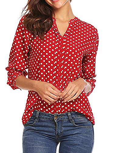 Abtel Frauen Polka Dot Print Shirt Bluse Lässig Elegant Langarm V-Ausschnitt Tops Lose Pullover Shirts rot 3XL von Abtel