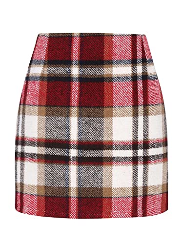 Abtel Frauen Winter Herbst Bleistiftröcke Kariert Print Swing Minirock Hohe Taille Wollmischung Vintage Flowy Röcke Rot S von Abtel