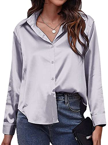 Abtel Freizeitbluse Damen Satin Gebogenen Saum Hemden Elegante Baggy Langarm Button Down Shirts Revers Hals Arbeit Urlaub Oberteile Grau M von Abtel