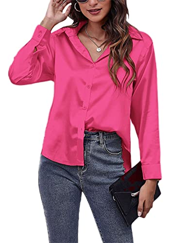 Abtel Freizeitbluse Damen Satin Gebogenen Saum Hemden Elegante Baggy Langarm Button Down Shirts Revers Hals Arbeit Urlaub Oberteile Rosarot M von Abtel