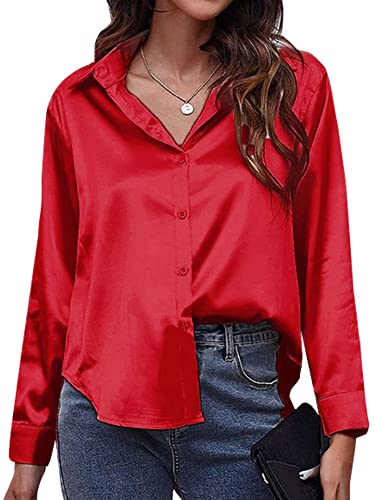 Abtel Freizeitbluse Damen Satin Gebogenen Saum Hemden Elegante Baggy Langarm Button Down Shirts Revers Hals Arbeit Urlaub Oberteile Rot L von Abtel