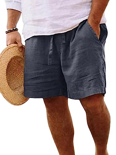 Abtel Kurze Hosen Herren Baumwolle Leinen Shorts Sommer Kurze Hose Stretch Baggy Bermuda Shorts mit Taschen Kordelzug Freizeithose Cargo Shorts Dunkelgrau L von Abtel