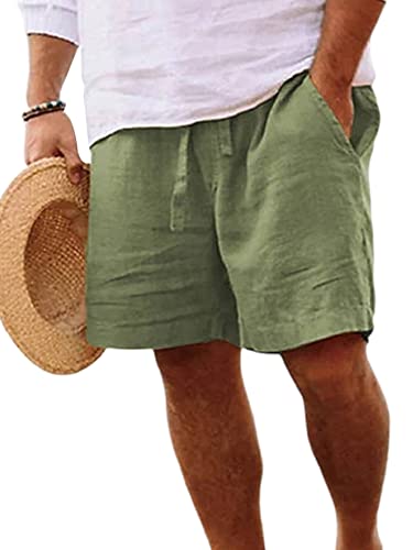 Abtel Kurze Hosen Herren Baumwolle Leinen Shorts Sommer Kurze Hose Stretch Baggy Bermuda Shorts mit Taschen Kordelzug Freizeithose Cargo Shorts Grün 3XL von Abtel