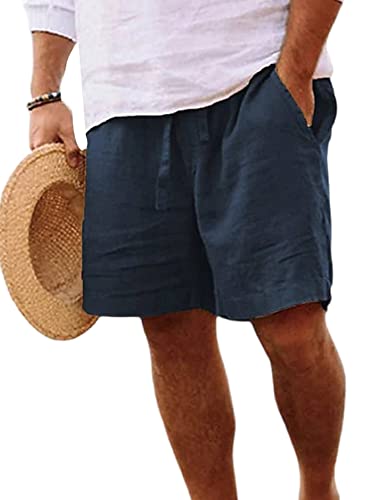 Abtel Kurze Hosen Herren Baumwolle Leinen Shorts Sommer Kurze Hose Stretch Baggy Bermuda Shorts mit Taschen Kordelzug Freizeithose Cargo Shorts Marine 5XL von Abtel