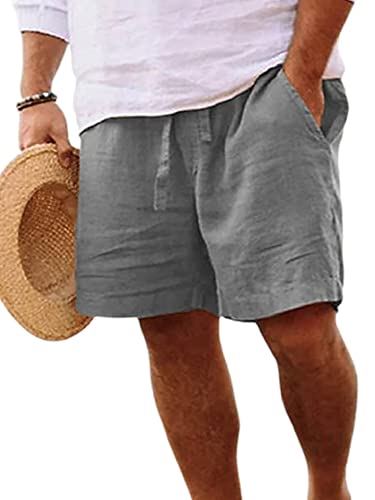 Abtel Kurze Hosen Herren Baumwolle Leinen Shorts Sommer Kurze Hose Stretch Baggy Bermuda Shorts mit Taschen Kordelzug Freizeithose Cargo Shorts Hellgrau 4XL von Abtel