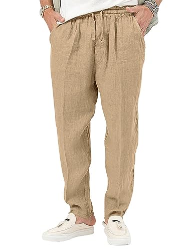 Abtel Leinenhose Herren Lang Leicht Sommerhose Strandhose mit Taschen Tunnelzug Loose Fit Freizeithose Männer Einfarbig Hosen für Urlaub Strand Khaki L von Abtel