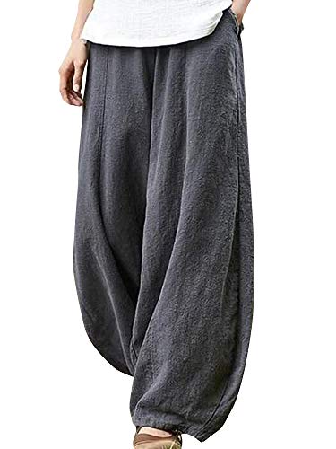 Abtel Leinenhose für Damen, weites Bein, lässige Haremshose mit elastischer Taille, mit Tasche, Palazzo-Strandhose, Übergröße, grau, L von Abtel