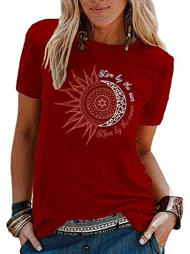 Abtel Sommer Damen T-Shirt Sunflower Print Muster Tshirt Kurzarm Shirt Rundhals Basic T Shirt Lose T-Shirts Casual Top Weinrot 4XL von Abtel