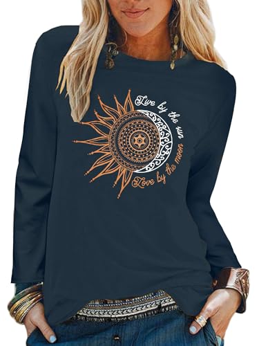 Abtel Tshirt Damen Oberteile Elegant Long Sleeve Crop Tops Casual Langarmshirt Sunflower Drucken Longshirt Tops Sporttop Navy Blau L von Abtel