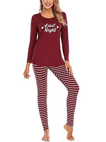 Schlafanzug Damen Lang Baumwolle Pyjama Damen Set Oberteile & Pyjamahosen Sleepwear Set Women Langarm Rundhalsausschnitt mit Streifen Hose S Rotwein von Abtel