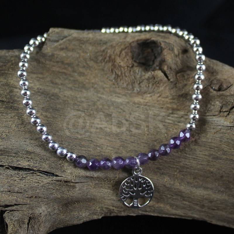 Handgemachte 925 Sterling Silber Ball Strecken Lebensbaum Armband - Chose Hämatit Oder Amethyst von Abundance74