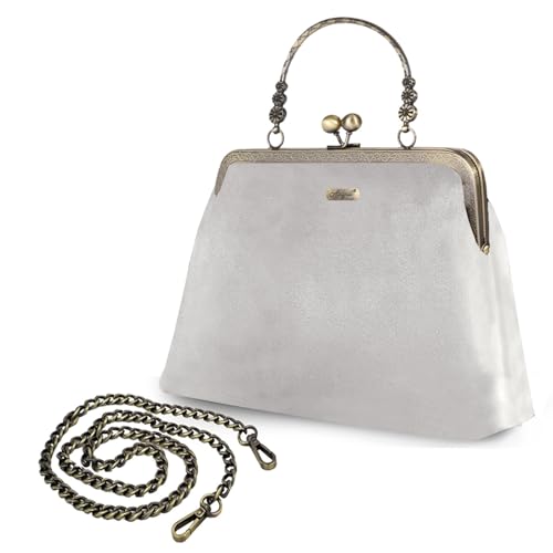 Abuyall Abendtasche Vintage Geldbörse Kiss Lock Geldbörsen und Handtaschen für Frauen Floral Canvas Handtasche, Grau-Gunblack-Samt von Abuyall