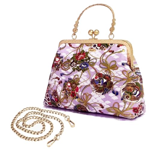 Abuyall Abendtasche Vintage Geldbörse Kiss Lock Geldbörsen und Handtaschen für Frauen Floral Canvas Handtasche, Lavendel-Spitze-Blumen-Gold, Small von Abuyall