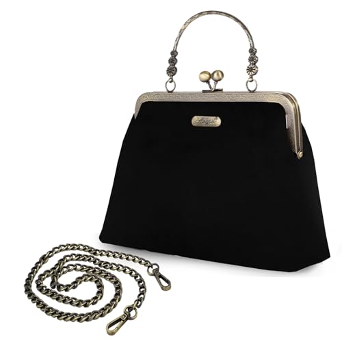 Abuyall Abendtasche Vintage Geldbörse Kiss Lock Geldbörsen und Handtaschen für Frauen Floral Canvas Handtasche, Schwarzes Samt-Logo von Abuyall