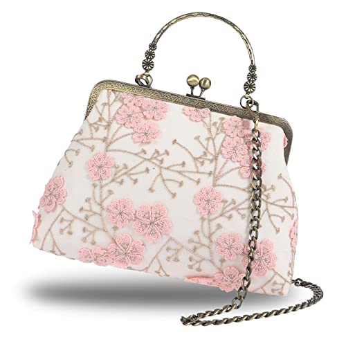 Abuyall Handtasche mit Blumenmuster, Kiss Lock Abendtasche für Frauen, Vintage-Handtasche.., 3D-Rosa Blume von Abuyall