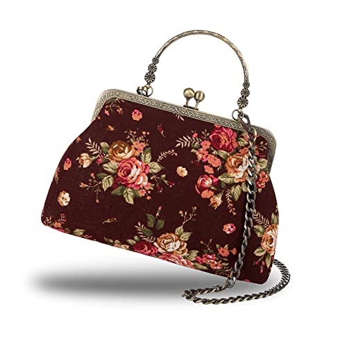 Abuyall Handtasche mit Blumenmuster, Kiss Lock Abendtasche für Frauen, Vintage-Handtasche.., Kaffee von Abuyall