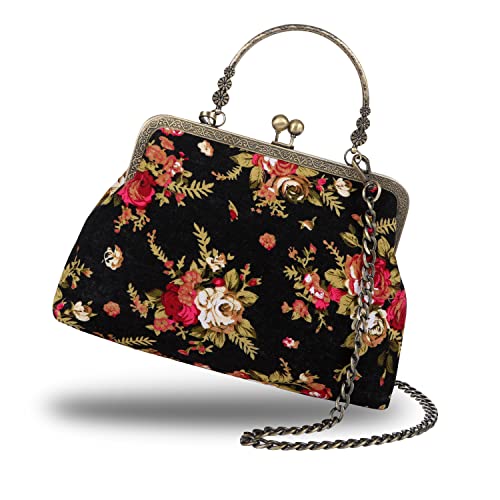 Abuyall Handtasche mit Blumenmuster, Kiss Lock Abendtasche für Frauen, Vintage-Handtasche.., Schwarze Baumwolle von Abuyall