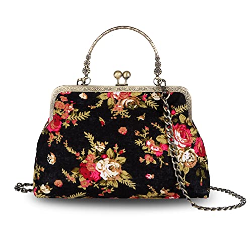 Abuyall Vintage Geldbörse Kiss Lock Geldbörsen und Handtaschen Floral Urlaub Frauen Top Griff Handtasche, Schwarz von Abuyall