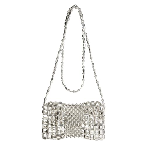 Abvokury Crossbody-Tasche mit Metallperlen und Pailletten, mit Futter, Acrylperlen, WOC, elegante Geldbörse an Kette für Abendgalas, silber von Abvokury