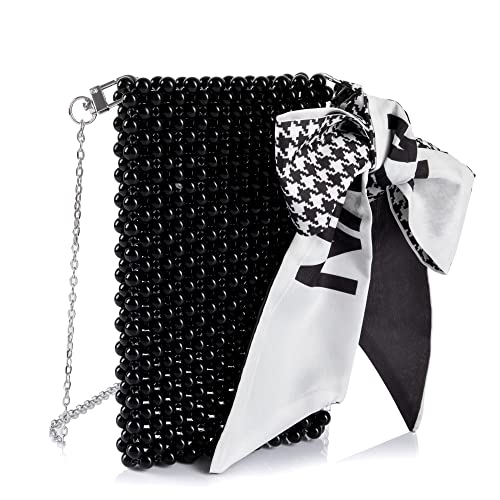 Abvokury Damen-Umhängetasche mit Perlen, Handytasche, Geldbörse an Kette mit gebundener Seide für Abendparty, Schwarz von Abvokury