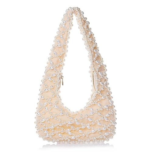 Abvokury Frauen Artisanal Acryl Perle Clutch Exquisite Perlen und Stoff gewebt Umhängetasche Abend Satchal für Hochzeit Party, Cremeweiß, Large von Abvokury