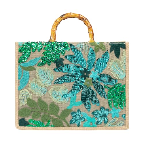 Abvokury Tragetasche mit Bambusgriff, Pailletten, bestickt, Blumenmuster, Abendtasche für Hochzeit, Party, Grün von Abvokury