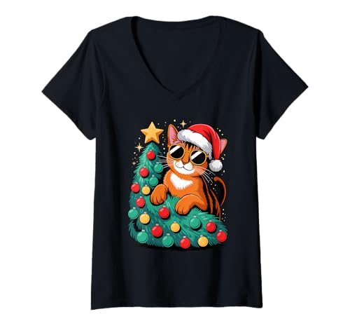Damen Christmas Tree Abyssinian Sunglasses Abyssinians T-Shirt mit V-Ausschnitt Damen Christmas Tree Abyssinian Sunglasses Abyssinians T-Shirt mit V-Ausschnitt von Abyssinians Abyssinian Lover Gifts
