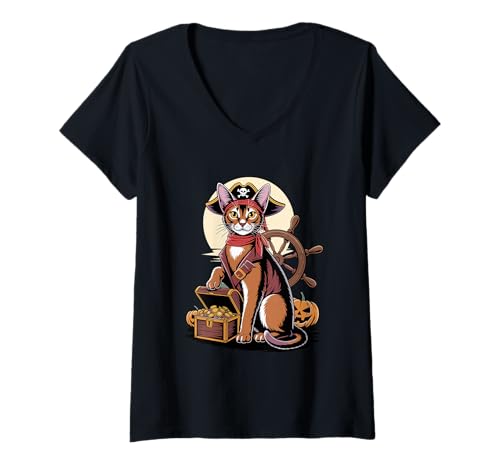 Damen Halloween Pirate Abyssinian Treasure Abyssinians T-Shirt mit V-Ausschnitt Damen Halloween Pirate Abyssinian Treasure Abyssinians T-Shirt mit V-Ausschnitt von Abyssinians Abyssinian Lover Gifts