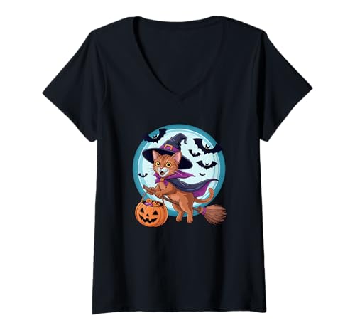 Damen Halloween Witch Abyssinian Moon Abyssinians T-Shirt mit V-Ausschnitt Damen Halloween Witch Abyssinian Moon Abyssinians T-Shirt mit V-Ausschnitt von Abyssinians Abyssinian Lover Gifts
