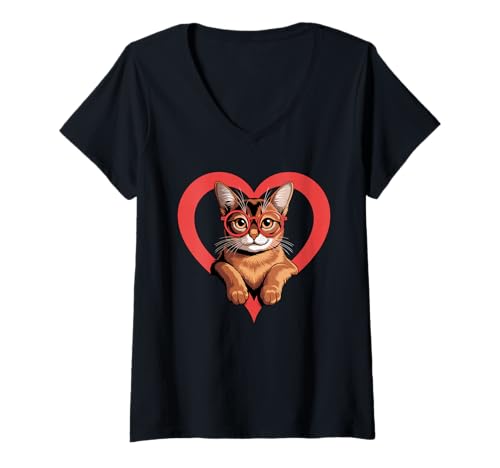 Damen Herz Abyssinian Brille Abyssinians Abys T-Shirt mit V-Ausschnitt Damen Herz Abyssinian Brille Abyssinians Abys T-Shirt mit V-Ausschnitt von Abyssinians Abyssinian Lover Gifts