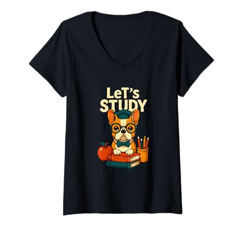 Damen Niedliche Französische Bulldogge Studium Zeit Schule Lernen T-Shirt mit V-Ausschnitt Damen Niedliche Französische Bulldogge Studium Zeit Schule Lernen T-Shirt mit V-Ausschnitt von Academic Study Dog Learning School Apparel Co