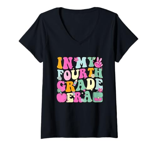 Damen Farbenfrohe Schulanfangs-Ära der vierten Klasse T-Shirt mit V-Ausschnitt von Academic Vibes