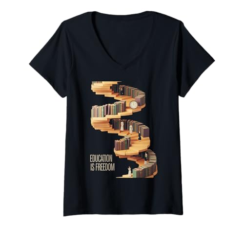 Damen Funny Education is Freedom Spruch Buch Regal Power Frauen Männer T-Shirt mit V-Ausschnitt von Academic Wisdom Literacy Learning Knowledge