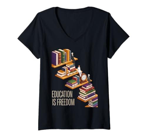 Damen Funny Education is Freedom Spruch Buch Regal Power Frauen Männer T-Shirt mit V-Ausschnitt von Academic Wisdom Literacy Learning Knowledge