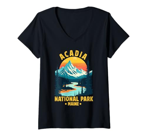 Damen Acadia National Park Souvenir Maine Retro für Männer Frauen Kinder T-Shirt mit V-Ausschnitt von Acadia National Park Souvenir