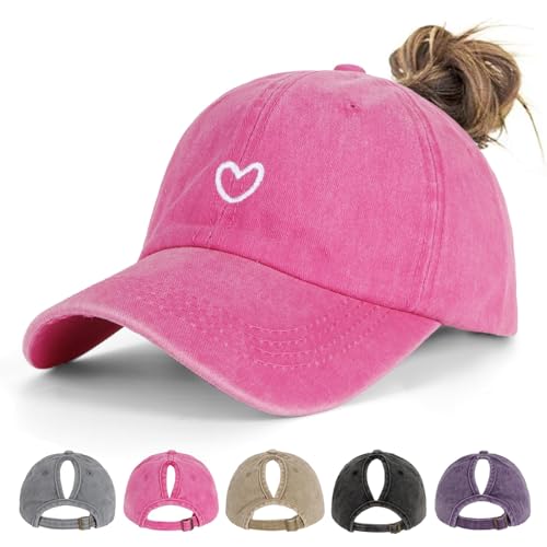 Acado Pferdeschwanz-Baseballkappe für Damen – Distressed Vintage Washed Verstellbare bestickte Schmetterlingsherz-Stickerei High-Dutt-Mütze für Damen von Acado