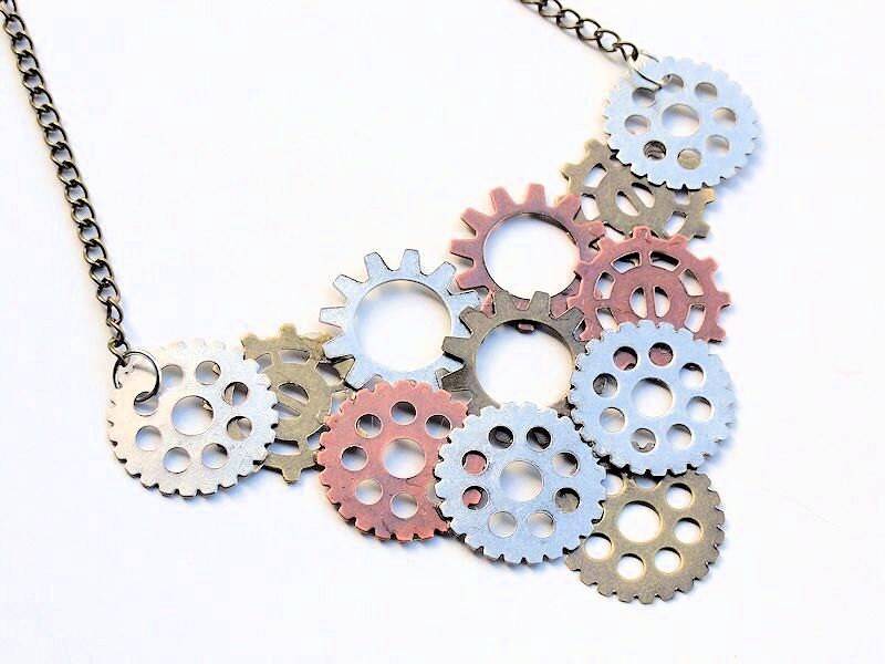 Steampunk Bib Halskette, Statement Silber Kupfer Bronze Zahnräder, Zahnräder Und Modeschmuck, Handgemachte Halskette von AccentsByCat