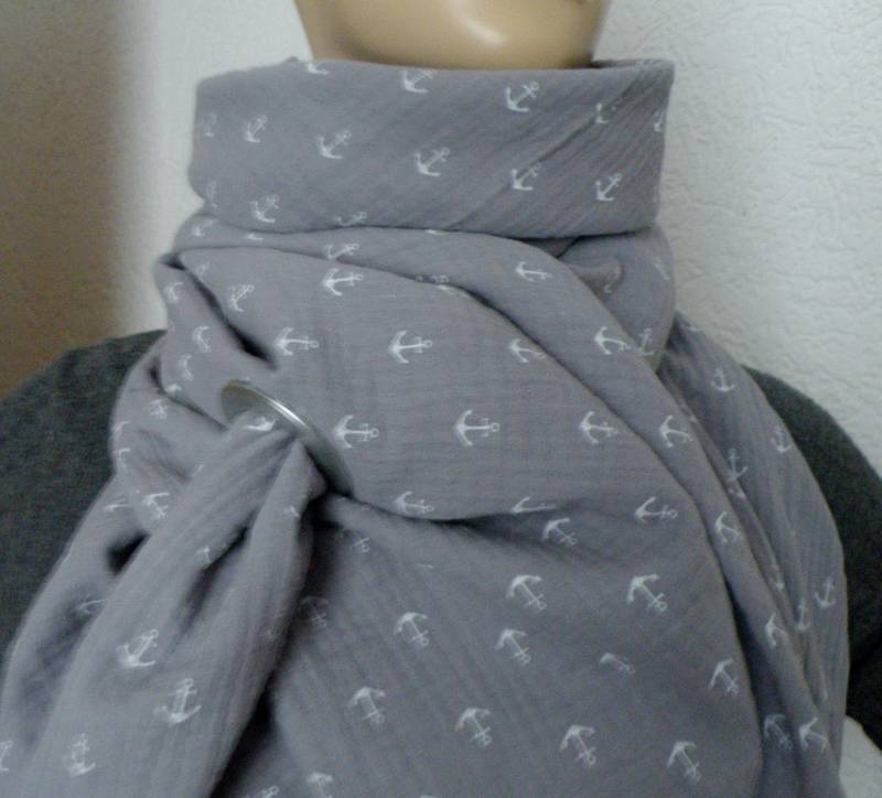 Musselintuch Maritim Mit Großer Öse/Baumwolltuch Musselin Double Gauze Grau Weiß/ Dreiecktuch/Schaltuch Loop Mamatuch Stilltuch von AccessoiresByMarja
