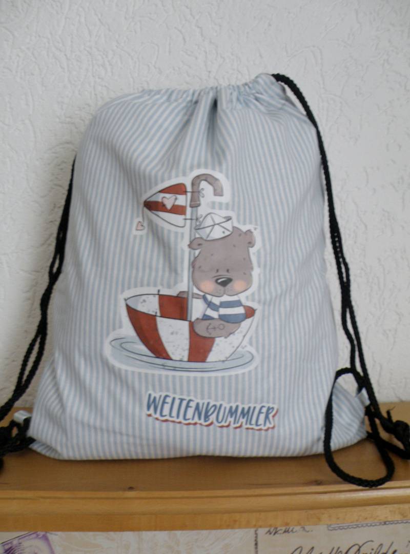 Turnbeutel Kinder/Kindertasche Maritim Blau - Weiß Gestreift Mit Applikation Personalisierbar von AccessoiresByMarja