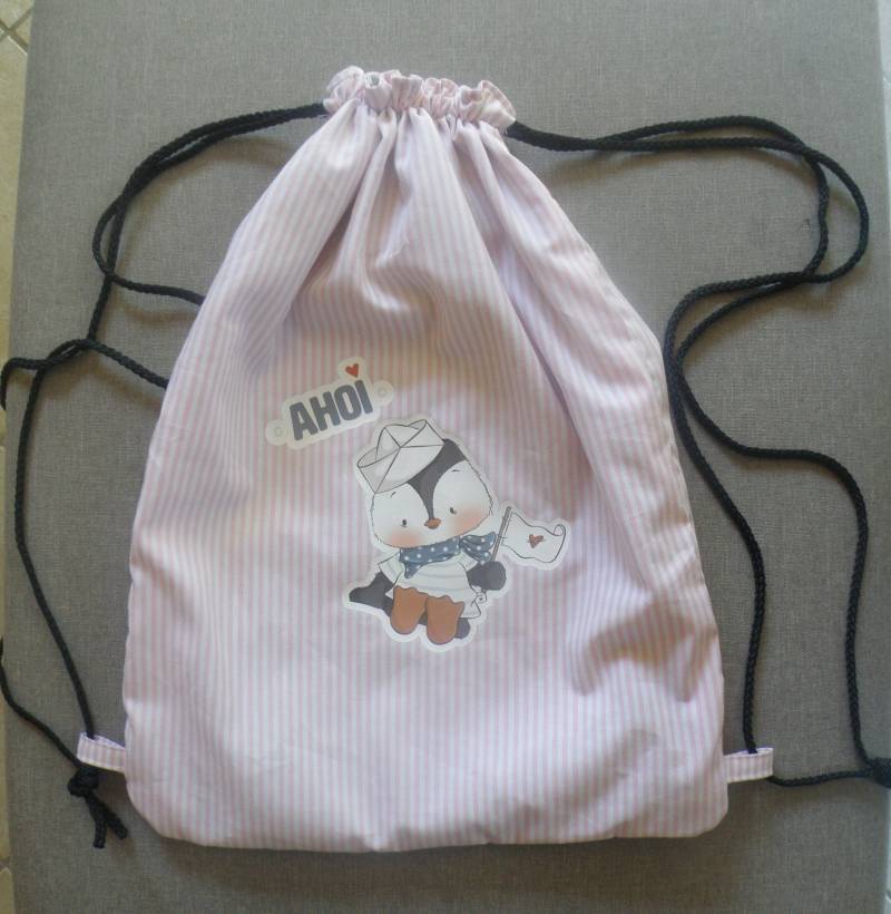 Turnbeutel Maritim/Personalisierbar Lunchbag /Rosa/Weiß Gestreift Mit Applikation Pinguinmädchen - Für Die Ganze Familie von AccessoiresByMarja