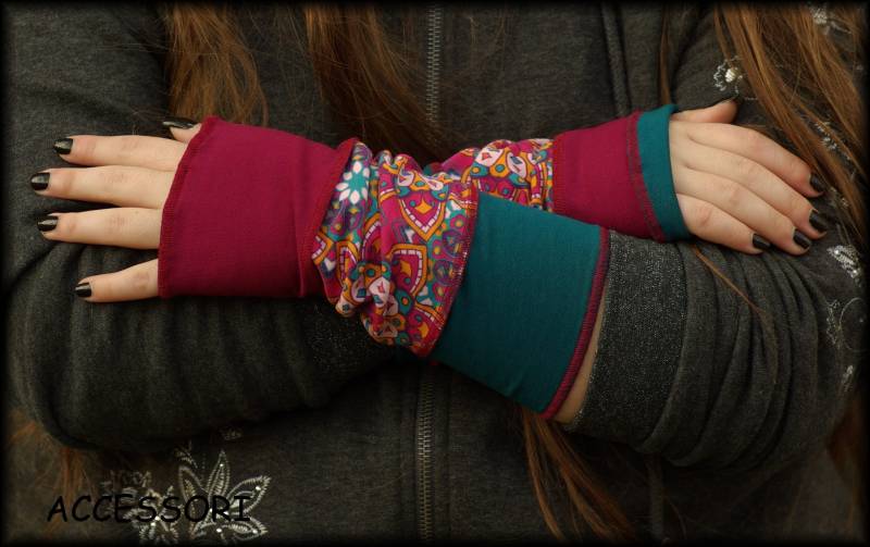 Armstulpen Stulpen Handstulpen Wendestulpen Sommerstulpen Patchwork Petrol Mandala Fuchsia Baumwolle Handwärmer Pulswärmer Geblümt von AccessoriDE