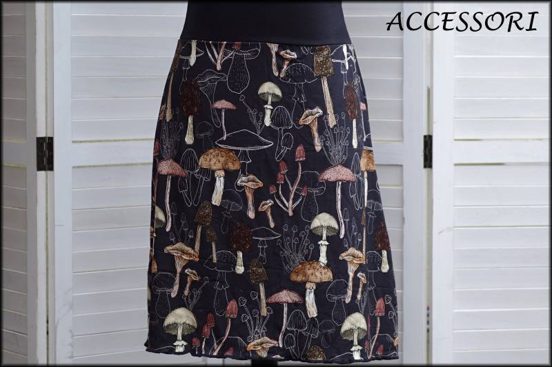 Jerseyrock Sommerrock Viskosejerse Schwarz Braun Mit Pilzen Damenrock A - Form von AccessoriDE