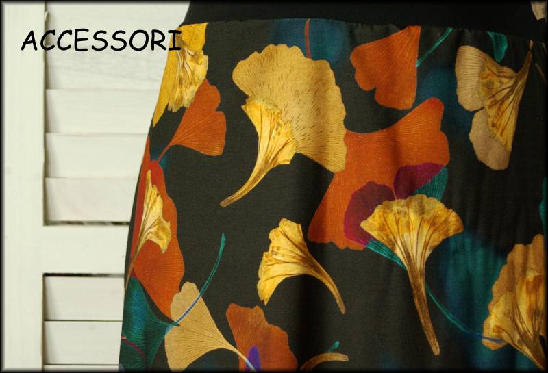 Jerseyrock Sommerrock Viskosejersey Mit Ginkgo Blättern Schwarz Gelb Rost Petrol Damenrock A - Form von AccessoriDE