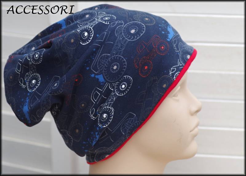 Kindermütze Beanie Loop Autos Truck Dunkel Blau Rot Baumwolle Babymütze Warm Kuschelig Fleece Wintermütze von AccessoriDE