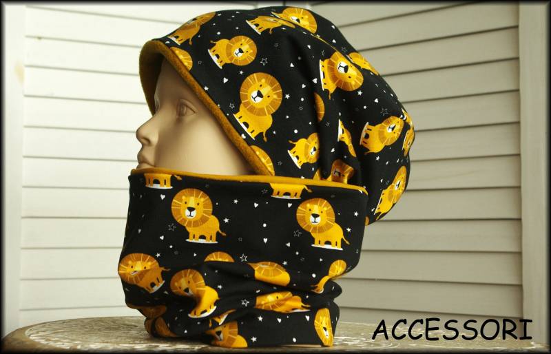 Kindermütze Beanie Loop Löwe Schwarz Gelb Baumwolle Babymütze Warm Kuschelig Fleece Wintermütze von AccessoriDE